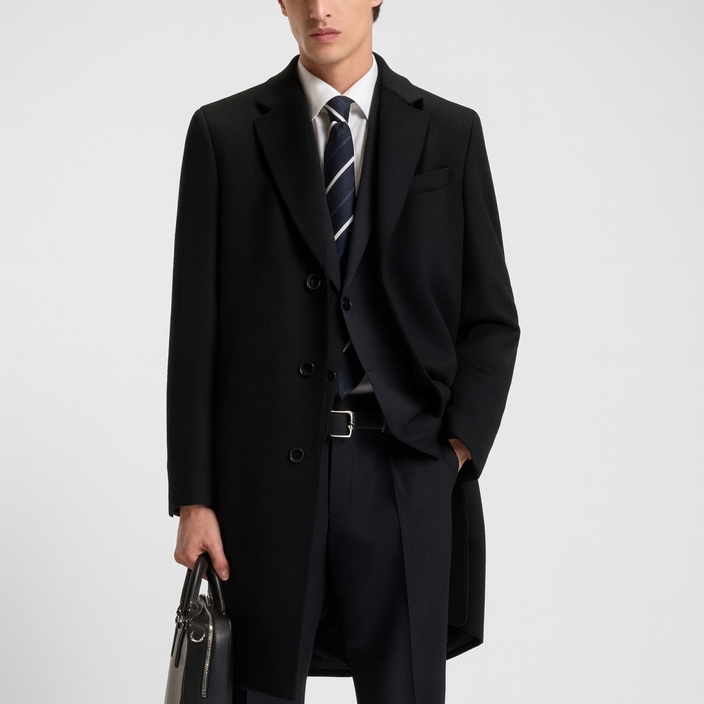 BOSS Hugo Boss Mens Long Black Coat. Wool and Cashmere. 56 (46 US Size)